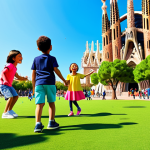Animated Characters Interacting with Real-World Elements**

"A group of adorable, brightly colored animated characters, reminiscent of Pinkfong's style, playfully interacting with elements of a vibrant, sunny Barcelona park. Children are laughing and dancing along. In the background, the Sagrada Familia is visible. The scene is joyful and inviting, capturing the magic of childhood. Digital art, high resolution, vivid colors, safe for work, appropriate content, fully clothed, professional, modest, family-friendly."

**