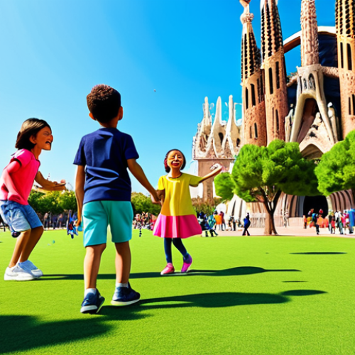 Home 14 Animated Characters Interacting with Real-World Elements**
"A group of adorable, brightly colored animated characters, reminiscent of Pinkfong's style, playfully interacting with elements of a vibrant, sunny Barcelona park. Children are laughing and dancing along. In the background, the Sagrada Familia is visible. The scene is joyful and inviting, capturing the magic of childhood. Digital art, high resolution, vivid colors, safe for work, appropriate content, fully clothed, professional, modest, family-friendly."
**