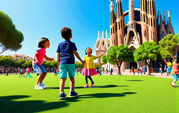 Animated Characters Interacting with Real-World Elements**
"A group of adorable, brightly colored animated characters, reminiscent of Pinkfong's style, playfully interacting with elements of a vibrant, sunny Barcelona park. Children are laughing and dancing along. In the background, the Sagrada Familia is visible. The scene is joyful and inviting, capturing the magic of childhood. Digital art, high resolution, vivid colors, safe for work, appropriate content, fully clothed, professional, modest, family-friendly."
**
