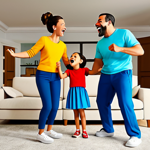 Home 9 Family Fun**
"A family of four singing and dancing together in their living room, fully clothed in comfortable clothing, appropriate content, safe for work, vibrant colors, cartoon style, reminiscent of a popular children's song video, joyful expressions, perfect anatomy, natural proportions, family-friendly, high quality."
**