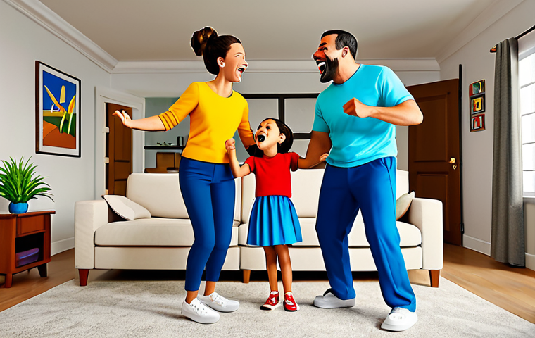 Family Fun**
"A family of four singing and dancing together in their living room, fully clothed in comfortable clothing, appropriate content, safe for work, vibrant colors, cartoon style, reminiscent of a popular children's song video, joyful expressions, perfect anatomy, natural proportions, family-friendly, high quality."
**